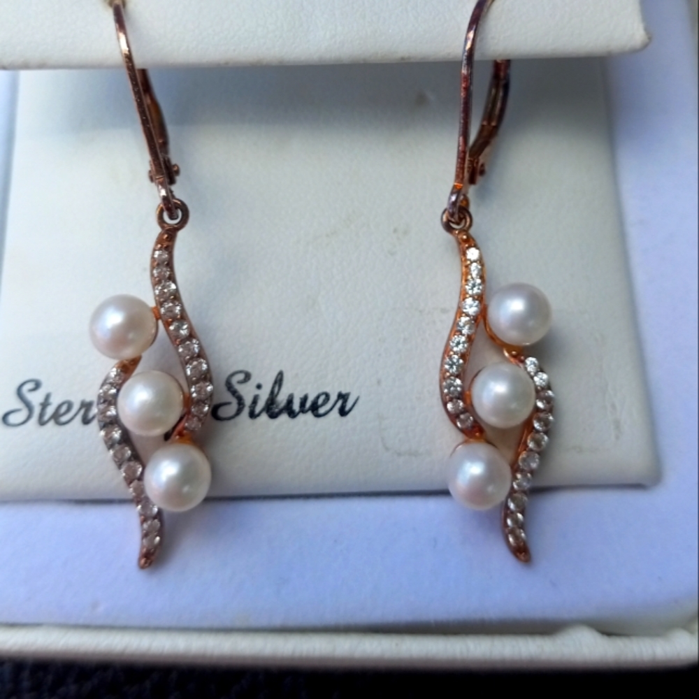 14K Rose Gold Pearl Dangle Earrings - Picture 1 of 9
